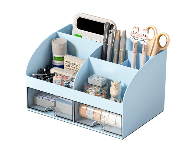 Desk Organizer with 6 Compartments and 2 Drawers, Plastic Makeup Organizer, Pen Holder for Desktop Storage, Desk Organization for School, Home,...