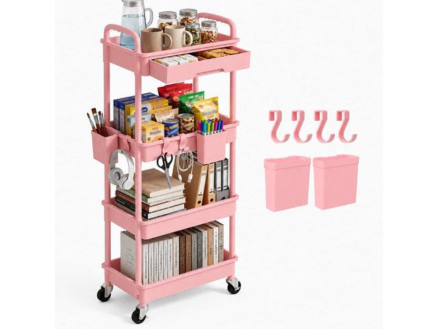 4 Tier Rolling Utility Cart with Drawer, Plastic Storage Organizer Rolling Carts with Wheels Handles Hanging Cups Hooks for Office, Bathroom,...