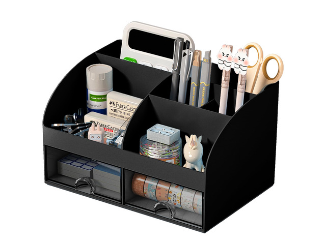 Desk Organizer with 6 Compartments and 2 Drawers, Plastic Makeup Organizer, Pen Holder for Desktop Storage, Desk Organization for School, Home,...