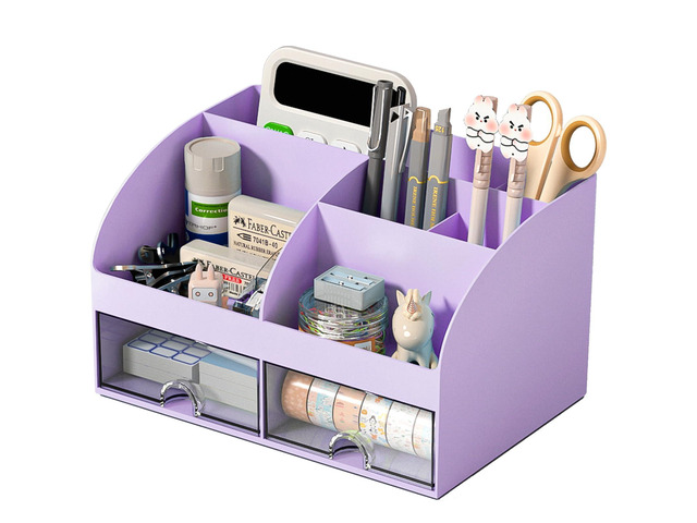 Desk Organizer with 6 Compartments and 2 Drawers, Plastic Makeup Organizer, Pen Holder for Desktop Storage, Desk Organization for School, Home,...