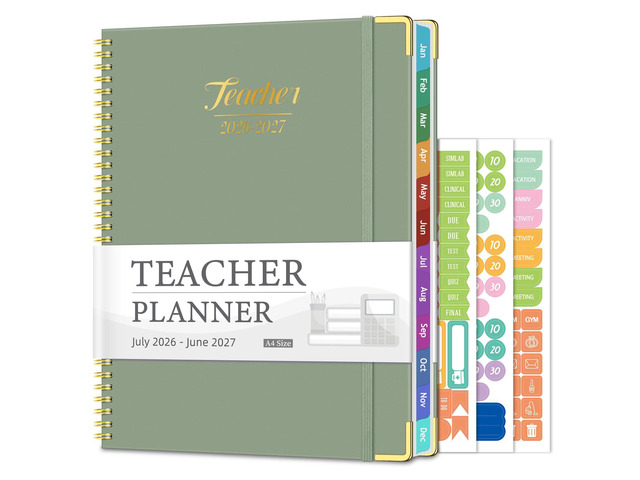2026-2027 Teacher Planner, 14 Checklists 8.5'x11' Lesson Book July 2026-June 2027 Academic Year with Gold Corners, Thick No-Bleed Paper & Spiral...