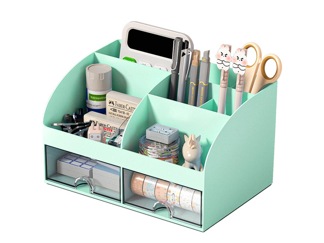 Desk Organizer with 6 Compartments and 2 Drawers, Plastic Makeup Organizer, Pen Holder for Desktop Storage, Desk Organization for School, Home,...