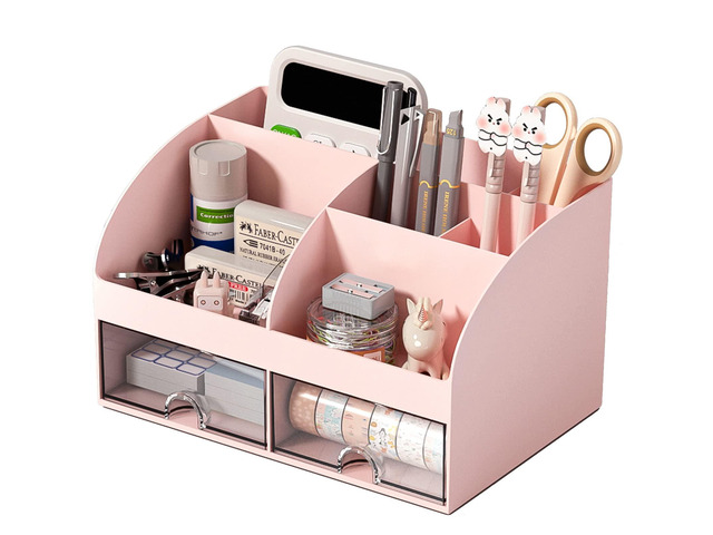 Desk Organizer with 6 Compartments and 2 Drawers, Plastic Makeup Organizer, Pen Holder for Desktop Storage, Desk Organization for School, Home,...