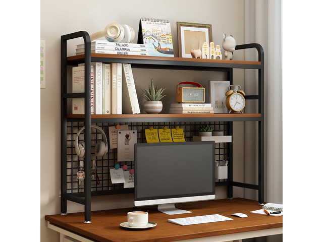 2-Tier Desktop Hutch Bookshelf, Metal Desk Shelf, Black, 45.3' W Steel Frame, 2 MDF Shelves, Grid Panel with 5 Hooks, Fits Over Monitors Up to 27'...