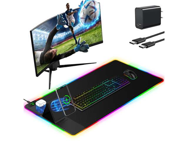 Mouse Pad with Wireless Charger Foldable Phone Holder, XXL RGB Gaming Mousepad 31.5'x15.8' Large Desk Mat for Keyboard, Black Desk Pad with Dual Qi...
