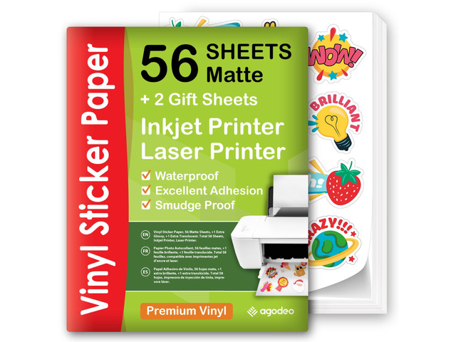 Premium Printable Vinyl Sticker Paper, Waterproof, 56 Matte Printing Sheets For Inkjet & Laser, Self-Adhesive, Quick Drying, Smudge Proof, Tear...