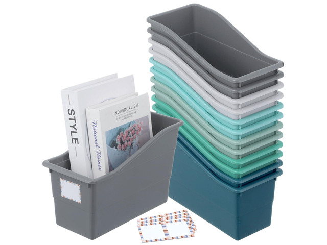 12 Pack Large Book Bins with Labels (Modern) Durable Plastic,Stackable Magazine Organizer,Storage Bins for Classroom,Library,Office,Bookshelf...