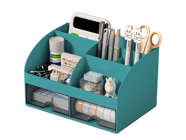 Desk Organizer with 6 Compartments and 2 Drawers, Plastic Makeup Organizer, Pen Holder for Desktop Storage, Desk Organization for School, Home,...