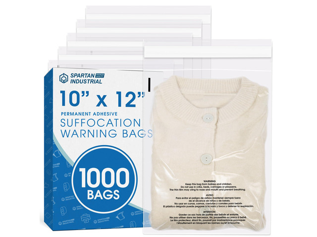 10' X 12' (1000 Count) Self Seal Clear Poly Bags with Suffocation Warning for Packaging, Shipping - Permanent Adhesive
