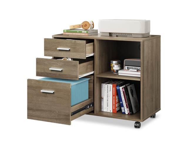 Wood File Cabinet, 3 Drawer Lateral Filing Cabinet, Gray Oak Mobile Office Cabinet, Printer Stand, Open Storage Shelves, Letter & A4 Compatible,...