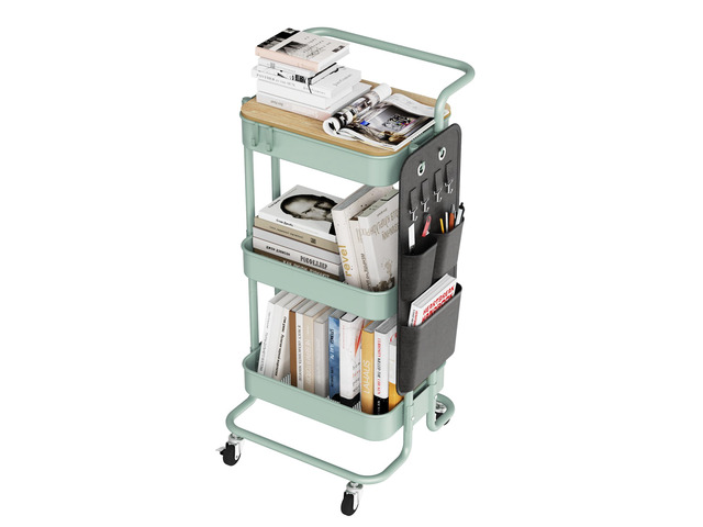 3-Tier Rolling Cart with Table Top, Metal Utility Cart with Side Bags Tray Storage Organizer, Lockable Wheels, 4 Hooks, Art Cart for Kitchen,...