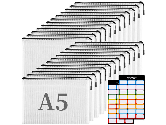 A5 Mesh Zipper Pouch, 24 Pack 9.4' x 6.9' Plastic Zipper Pouches for Organizing, Multipurpose Waterproof Zipper Bags for Travel Office Home...