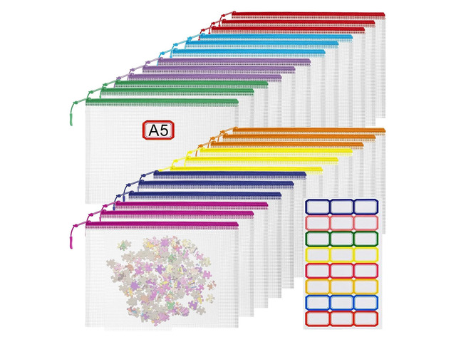 24pcs Mesh Zipper Pouch File Bags Puzzle Storage Bags, A5 Size 9.4 x 6.9 Inches Large Reusable Zipper Pouches for Organizing Classroom Board Game...