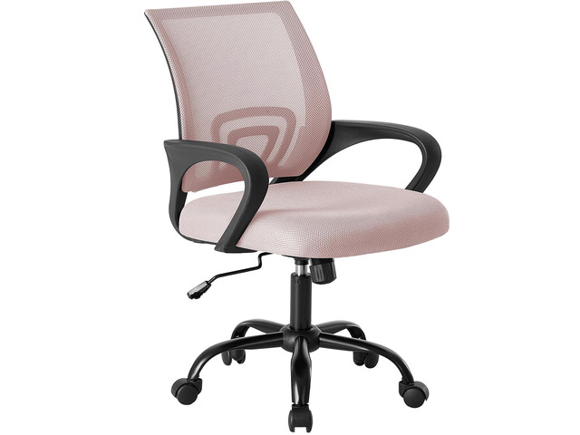 Ergonomic Office Chair, Home Desk Mesh Chairs, Lumbar Support Height Adjustable, Fixed Armrest, Rocking Mode, 360 Swivel, Storage Back, Computer, Pink