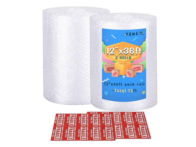 Bubble Cushioning Wrap Rolls 2 Pack 12 Inch x 72 ft Perforated 12' Nylon Bubble Cushioning Rolls 20 bonus Fragile Stickers Made in USA for...
