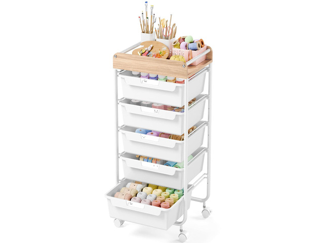 Rolling Cart with 5 Drawers,Art Craft Cart,White Storage Utility Cart with Wheels,Makeup Organizer With Wooden Tabletop