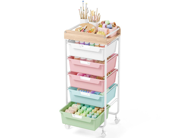 Rolling Storage Utility Cart with 5 Drawers,Colorful Craft Cart with Wheels,Makeup Organizer,Art Supply And Storage Wooden Tabletop