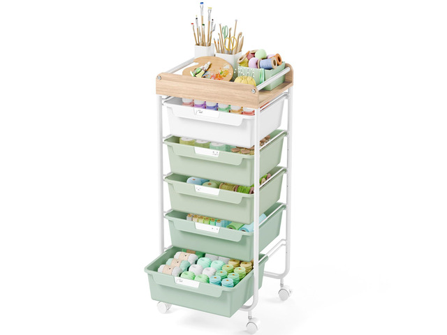 Rolling Storage Utility Cart with 5 Drawers,Green Craft Cart with Wheels,Makeup Organizer,Art Supply And Storage Wooden Tabletop