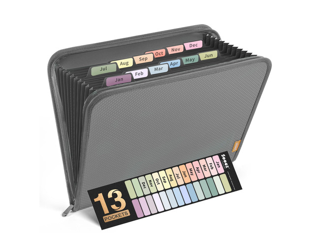 13 Pocket Accordion File Organizer, Zipper Expanding File Folder A4 Reinforced Plastic Accordion Folder Organizer, A4 Letter Size, Portable Folders...