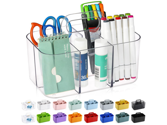 Multiuse Caddy Organizer with Handle, Portable Divided Plastic Tote Bin - Art Craft, Stationary Pen Marker Crayons, Makeup Hair Supplies Storage -...