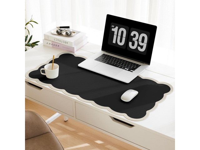 Scalloped Desk Mat, 31.5' x 15.7' Black Beige Large Cute Aesthetic Desk Accessories, PU Leather Computer Laptop Desk Mouse Keyboard Pad, Desk...