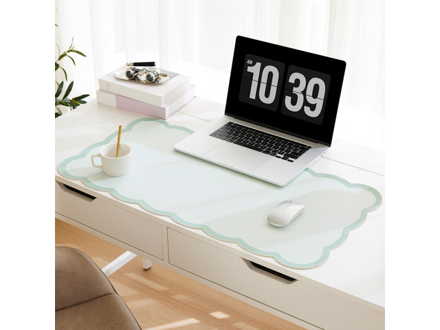 Scalloped Desk Mat, 31.5' x 15.7' Large Cute Aesthetic Desk Accessories, PU Leather Computer Laptop Desk Mouse Keyboard Pad, Desk Writing Mat for...
