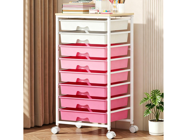 Rolling Cart with 8 Drawers for Art, Dorm, Office, Craft, Pink Utility Cart Organizer With 8 Removable Drawers and Wooden Tabletop, Lockable...
