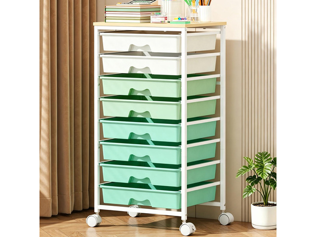 Rolling Cart with 8 Drawers for Art, Dorm, Office, Craft, Green Utility Cart Organizer With 8 Removable Drawers and Wooden Tabletop, Lockable...