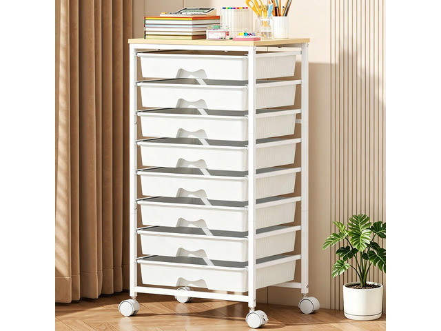 Rolling Cart with 8 Drawers for Art, Dorm, Office, Craft, White Utility Cart Organizer With 8 Removable Drawers and Wooden Tabletop, Lockable...
