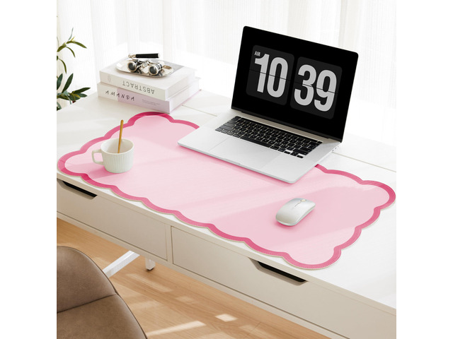 Scalloped Desk Mat, 31.5' x 15.7' Hot Double Pink Large Cute Aesthetic Desk Accessories, PU Leather Computer Laptop Desk Mouse Keyboard Pad, Desk...