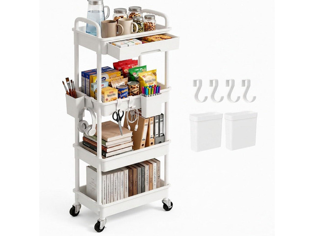 4 Tier Rolling Utility Cart with Drawer, Plastic Storage Organizer Rolling Carts with Wheels Handles Hanging Cups Hooks for Office, Bathroom,...