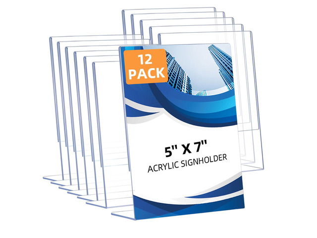 12 Pack Slanted Back Acrylic Sign Holders 5x7 for Business & Store, Tabletop Vertical Sign Holder with Anti-Slip Pads Clear Display Stand, for...
