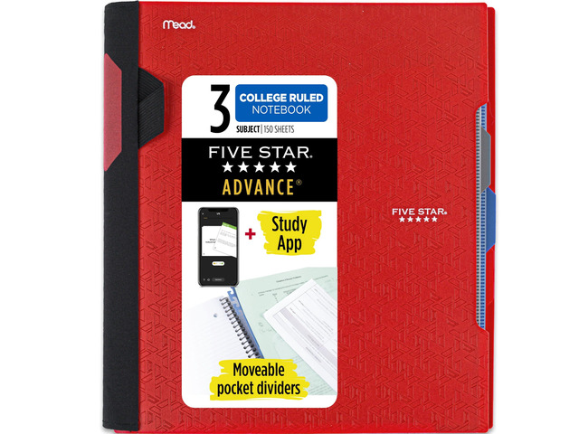 Advance Spiral Notebook + Study App, 3 Subject, College Ruled Paper, 8-1/2' x 11', 150 Sheets, Spiral Guard, Movable Tabbed Dividers, Fire Red (73134)