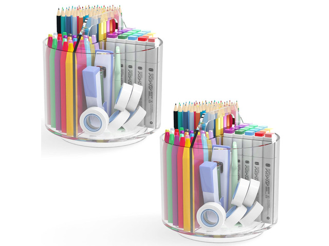 2 Pack Pen Pencil Holder for Kids, Rotating Pen Holder for Desk Organizer, 4 Compartments Art Supply Marker Organizer and Storage, Kids Desk...