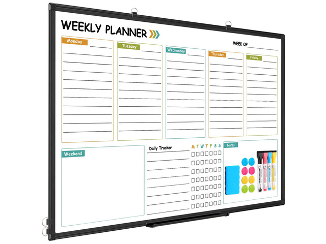 Weekly Dry Erase Calendar Whiteboard for Wall, 36' x 24' Planner Double-Sided Magnetic, Black Aluminum Frame, Hang Wall Mount, Week Schedule...