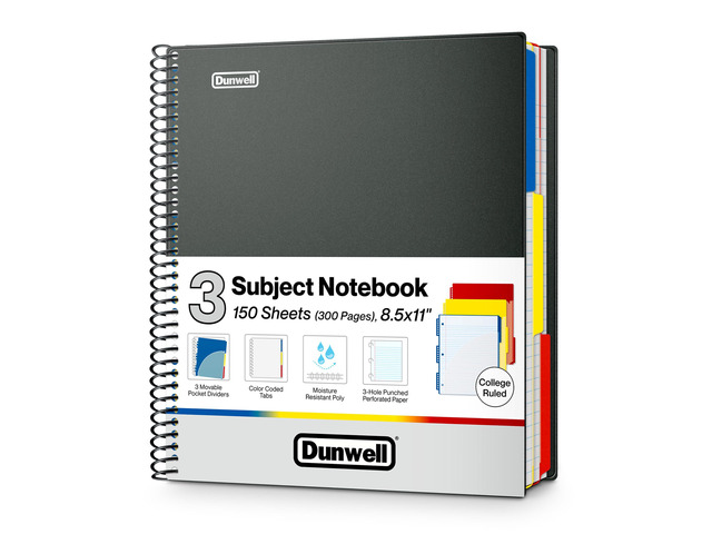3-Subject Notebook College Ruled 8.5 x 11 (Black), 150 Sheets (300 Pages), Spiral Notebook 8.5x11 with Tabs, Movable Dividers, Storage Pockets,...