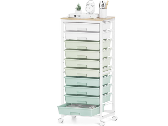 10 Drawer Rolling Cart,Green Rolling Cart for Craft Storage,Storage Cart with Lockable Wheels and Wooden Tabletop for Classroom,Office,Living Room