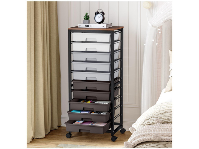 10 Drawer Rolling Cart,Grey Rolling Cart for Craft Storage,Storage Cart with Lockable Wheels and Wooden Tabletop for Classroom,Office,Living Room