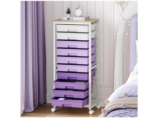 10 Drawer Rolling Cart,Purple Rolling Cart for Craft Storage,Storage Cart with Lockable Wheels and Wooden Tabletop for Classroom,Office,Living Room
