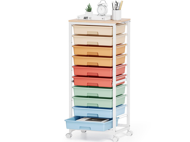 10 Drawer Rolling Cart,Rainbow Rolling Cart for Craft Storage,Storage Cart with Lockable Wheels and Wooden Tabletop for Classroom,Office,Living Room