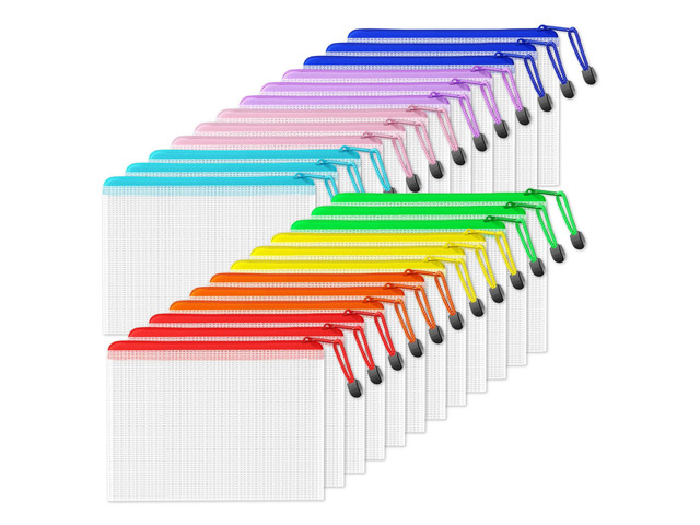 Plastic Mesh Zipper Pouch 6.8x9.2 in (8 Colors, 24 Packs), Small Water-Resistant Zip Bag for School Office Supplies, Pencil Organizing Storage