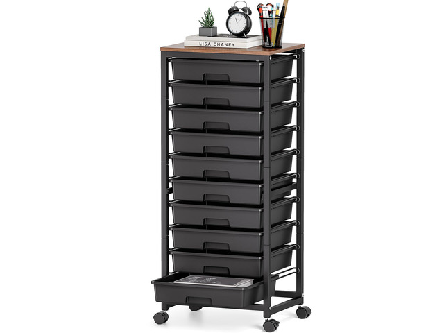10 Drawer Rolling Cart,Black Rolling Cart for Craft Storage,Storage Cart with Lockable Wheels and Wooden Tabletop for Classroom,Office,Living Room