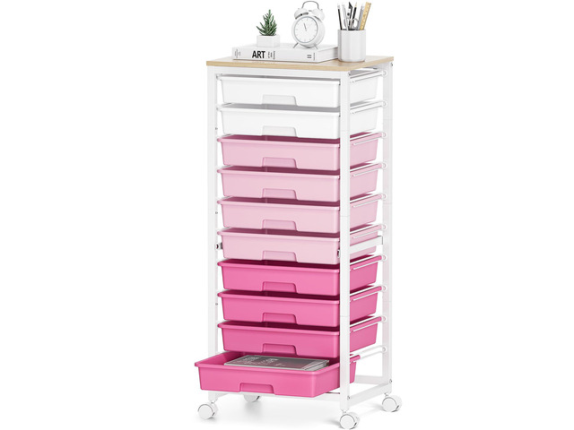 10 Drawer Rolling Cart,Pink Rolling Cart for Craft Storage,Storage Cart with Lockable Wheels and Wooden Tabletop for Classroom,Office,Living Room