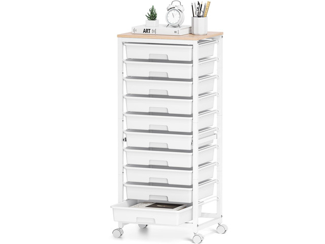 Rolling Cart with Drawers,White 10 Drawer Rolling Cart for Craft Storage,Storage Cart with Lockable Wheels and Wooden Tabletop for Classroom,Office