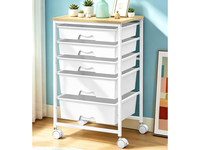 Rolling Carts With 5 Drawers, Storage Drawer Carts for Craft, White Rolling Utility Cart with Wooden Tabletop & 2 Lockable Wheels, Teacher Storage...
