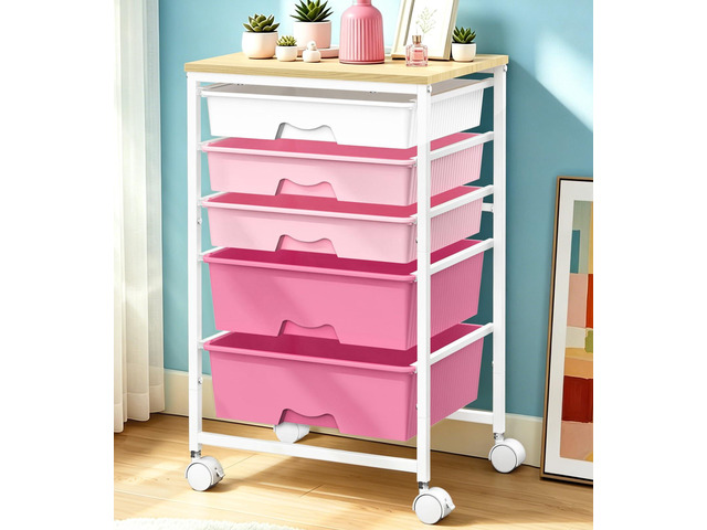 Rolling Carts With 5 Drawers, Storage Drawer Carts for Craft, Pink Rolling Utility Cart with Wooden Tabletop & 2 Lockable Wheels, Teacher Storage...