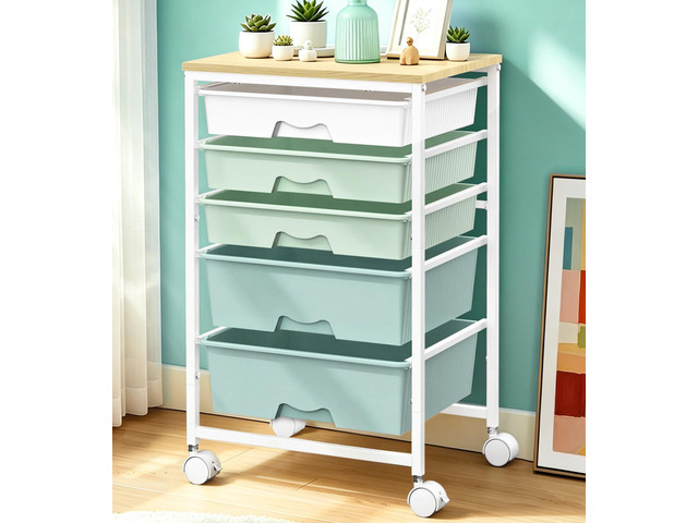 Rolling Carts With 5 Drawers, Storage Drawer Carts for Craft, Green Rolling Utility Cart with Wooden Tabletop & 2 Lockable Wheels, Teacher Storage...