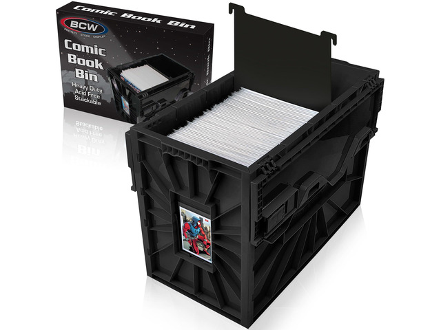 Comic Bin, Black - Holds 150 Comics, Acid Free Storage and Organizer, Heavy Duty Plastic, Stackable, Includes Partition