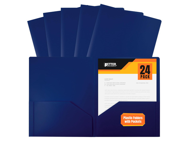 Heavyweight Plastic 2 Pocket Portfolio Folder, Letter Size Poly Folders 24 Pack (Blue)