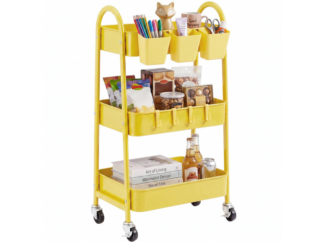 3-Tier Rolling Cart, Utility Cart Mobile Metal Rolling Storage Cart with Lockable Wheels & Hanging Cups & Hooks for Kitchen, Bathroom, Office,...
